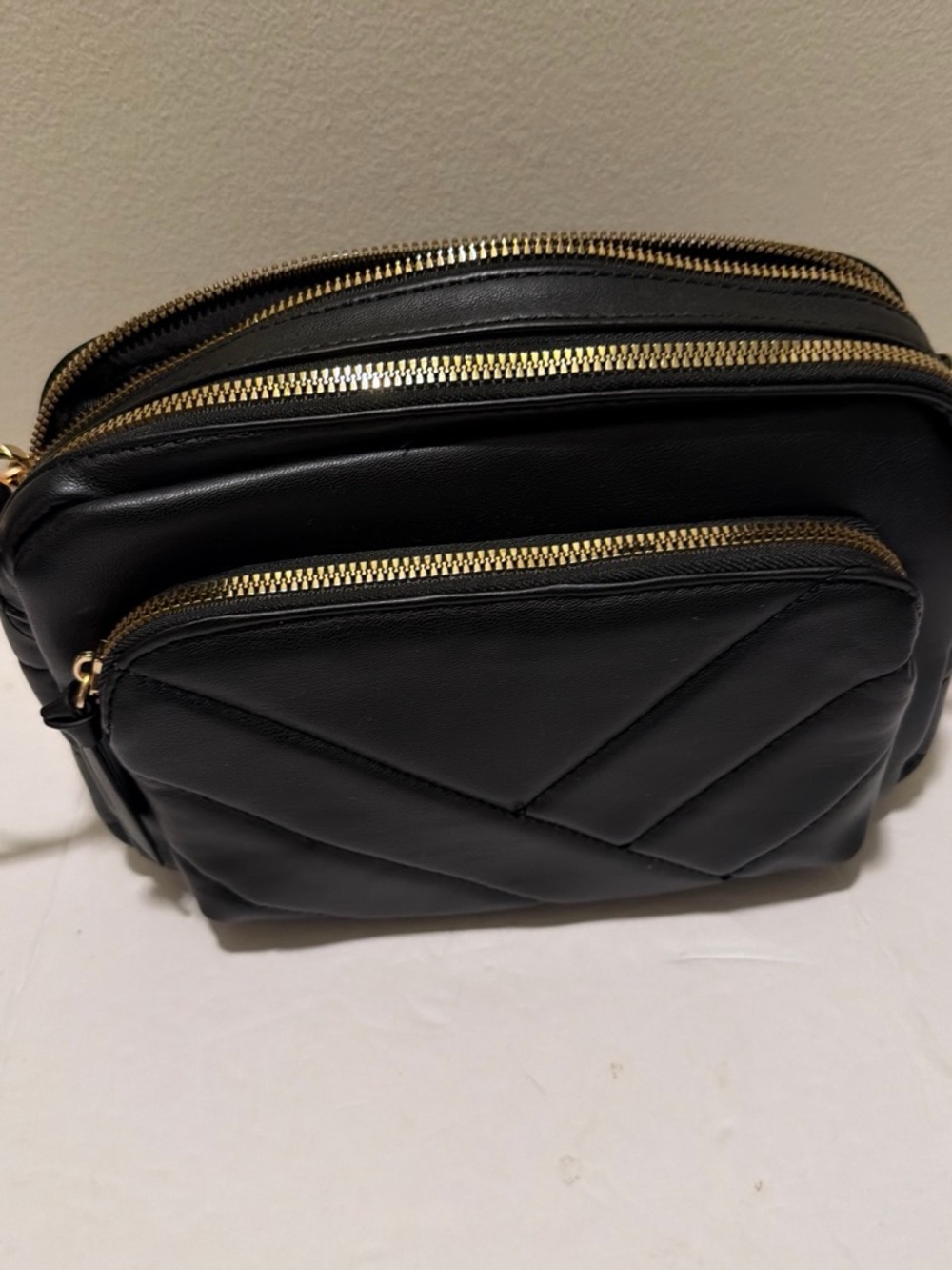 NWT Primark Black Faux Leather Quilted Crossbody Bag with Gold Zippers